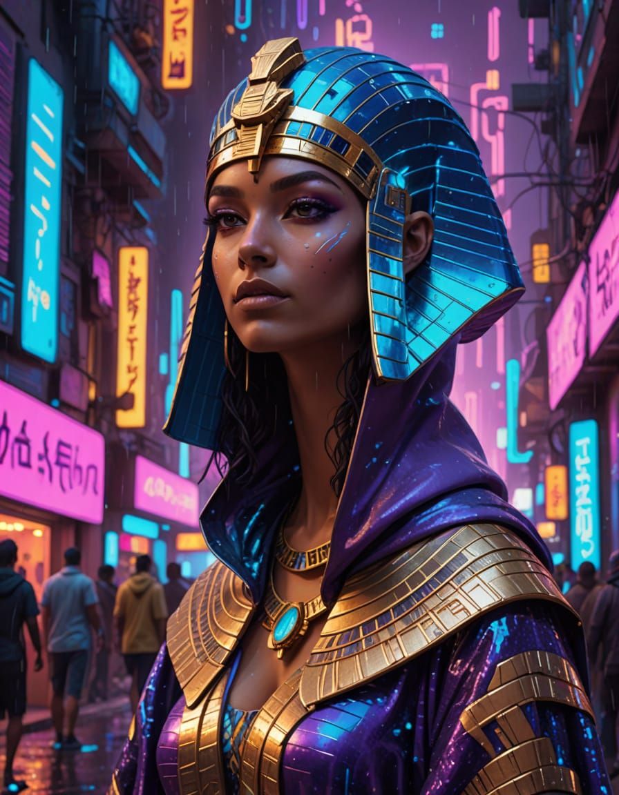 Egyptian Pharaoh Woman in Futuristic Cityscape
