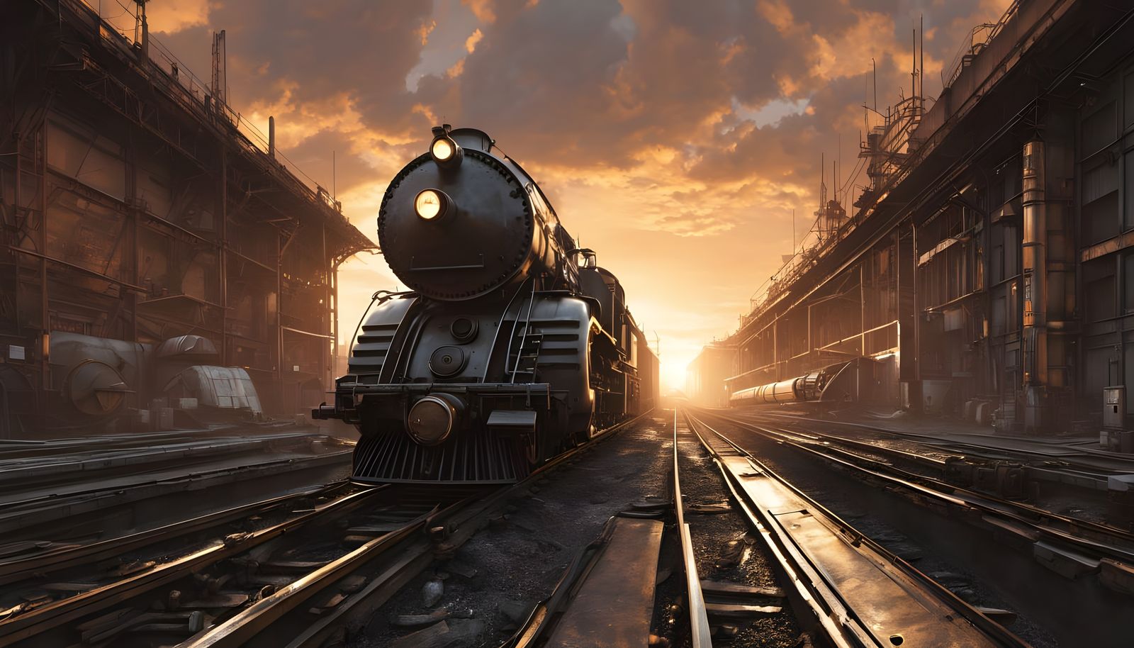 Dieselpunk Cityscape with Steam Locomotive