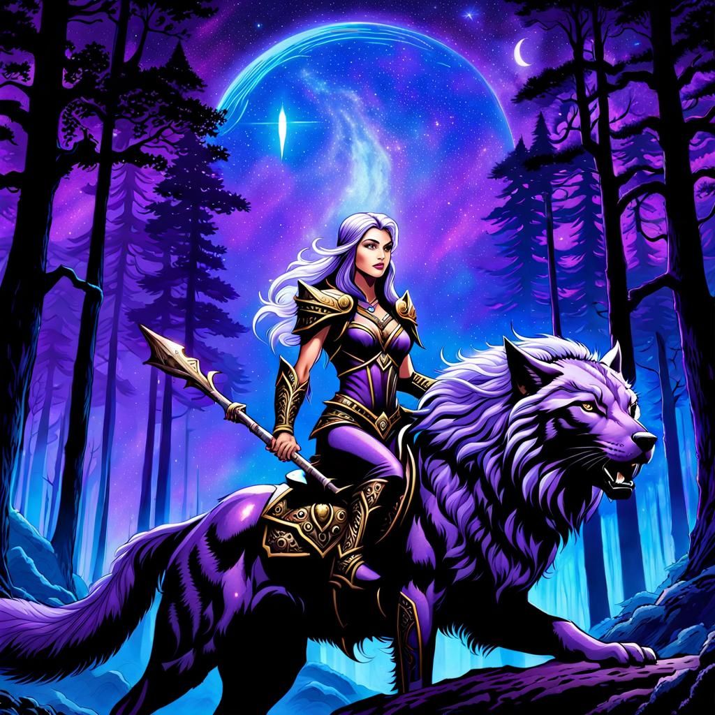 Night Elf Rides Light Elemental Creature in Bioluminescent F...