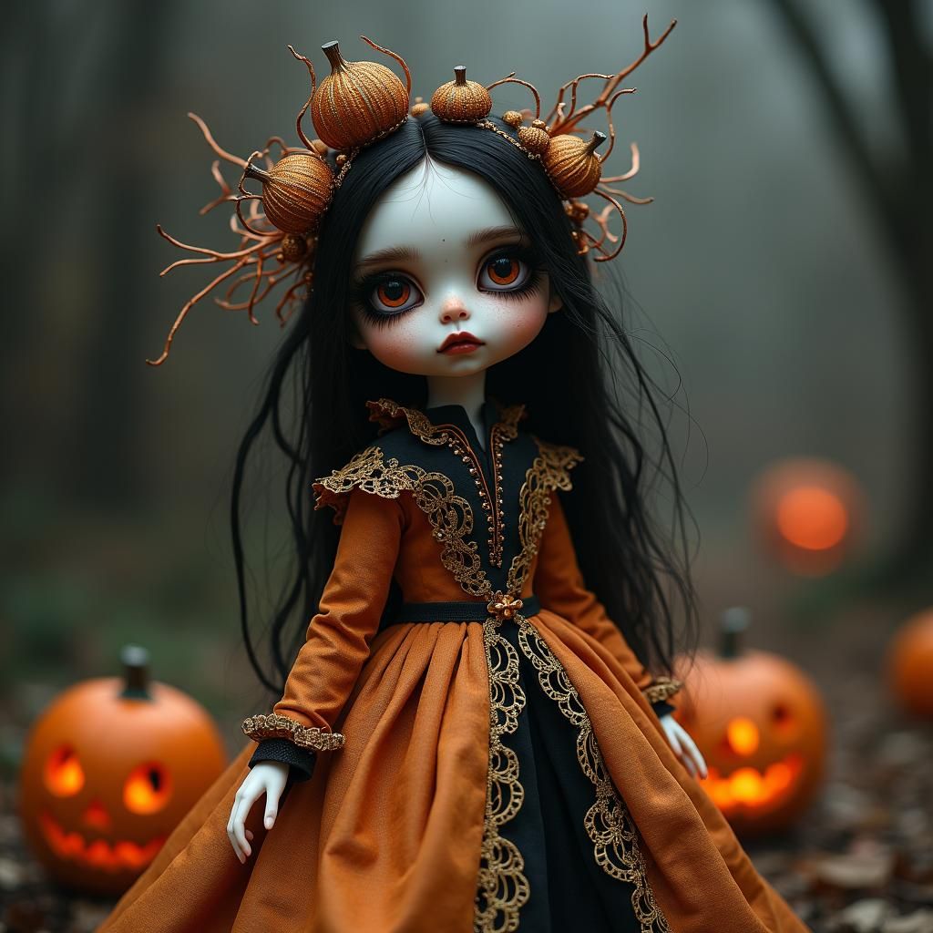 Eerie Halloween Doll with Jack-o-Lanterns, Digital Art