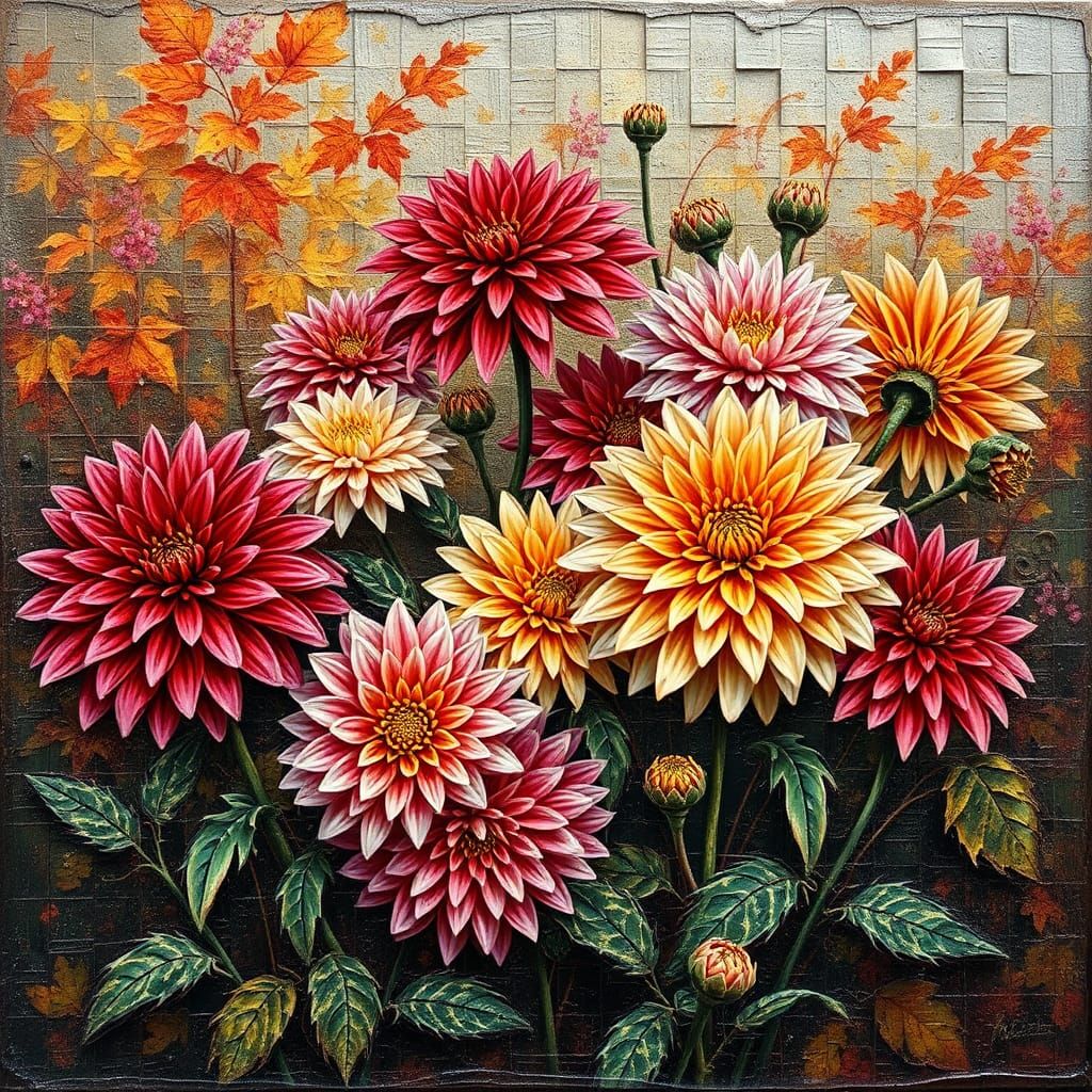 Dahlias in Autumn Garden: Impasto Style