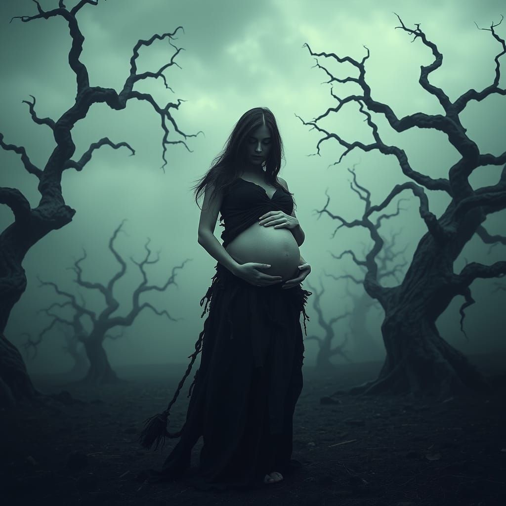 Mystical Pregnant Woman in Desolate Landscape