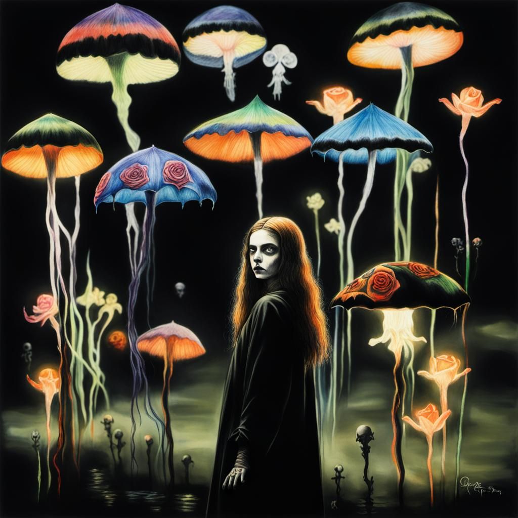 Crayon Goth Woman in Surreal Rayograph Style