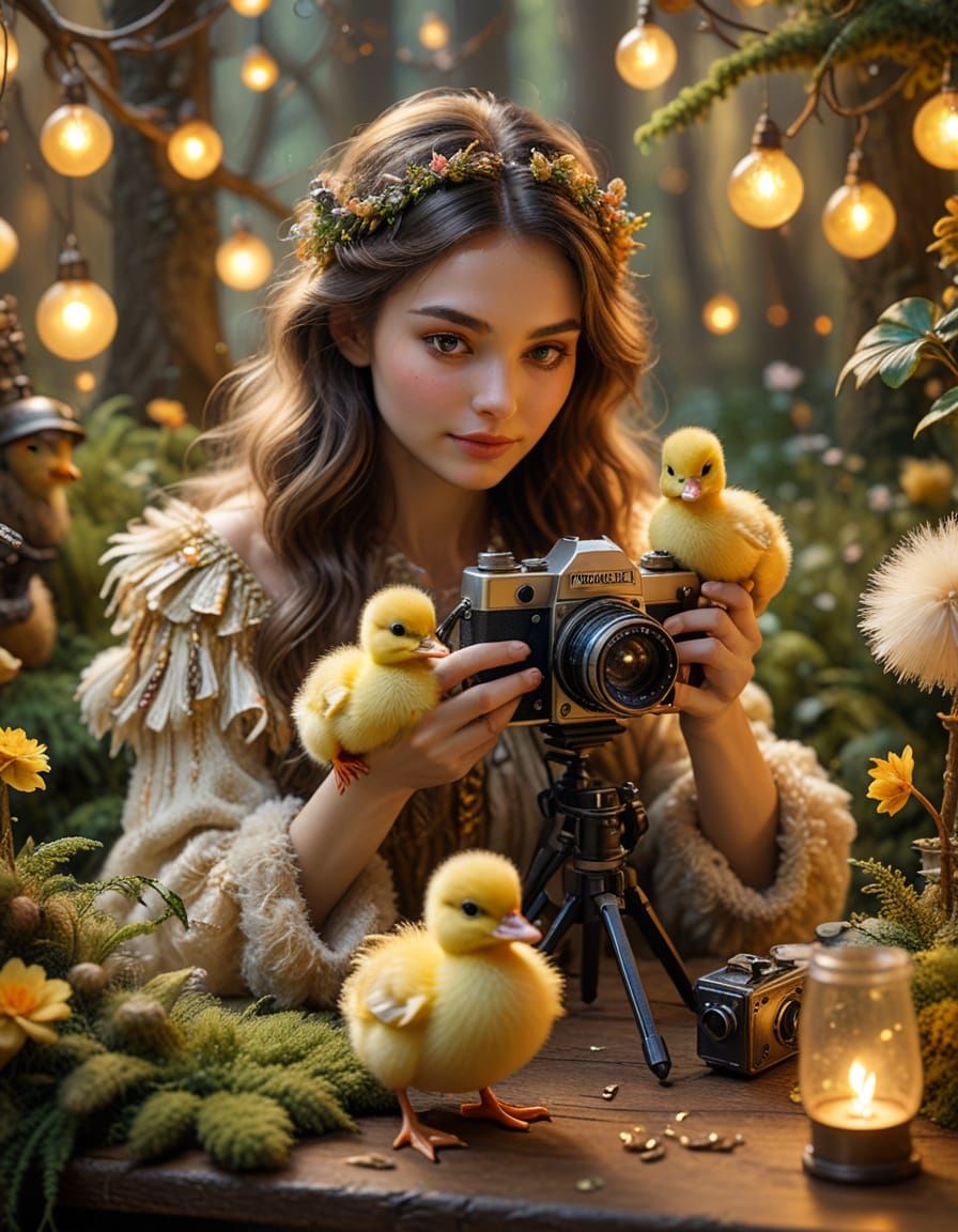 Photographer with Duckling in Whimsical Fairy-Tale Studio