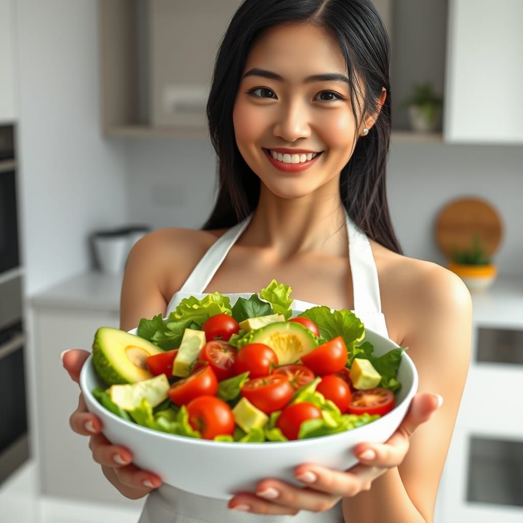 Asian Woman with Avocado Salad in Futuristic Realism Style