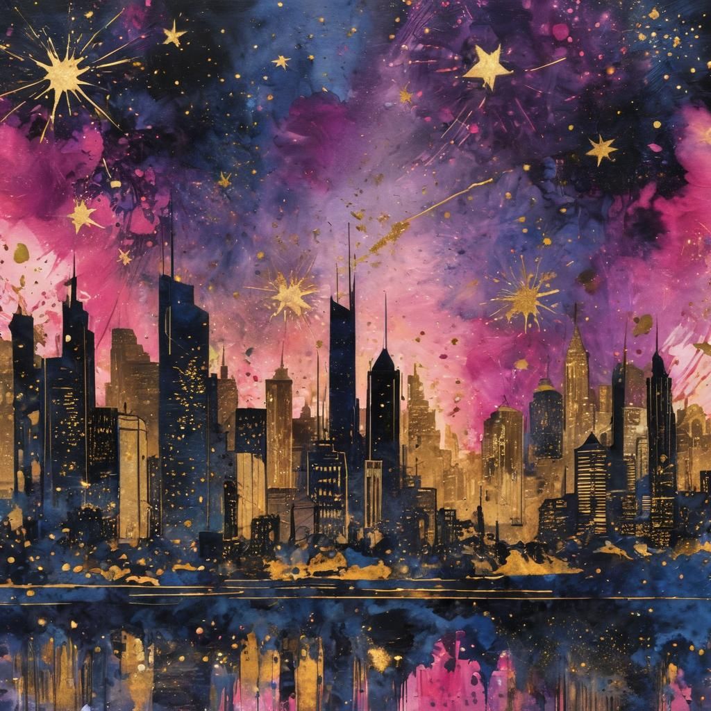 Futuristic City at Night: Surreal Watercolor Impressionism
