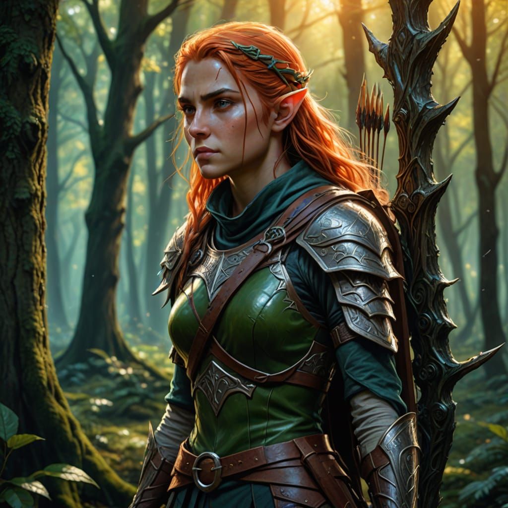 Female Elf Archer in Forest: Fantasy Art