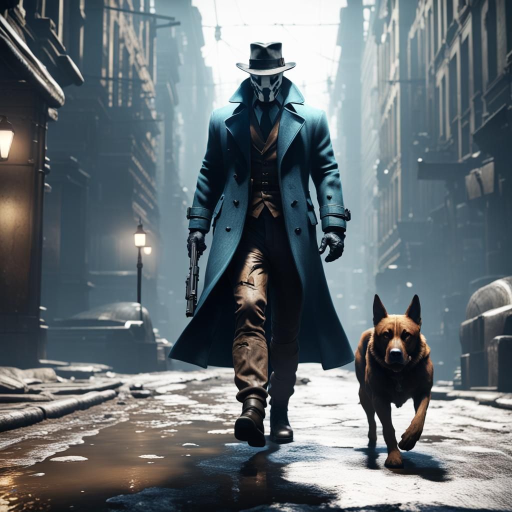 Rorschach Man Walks Dog: 3D Game Cinematic