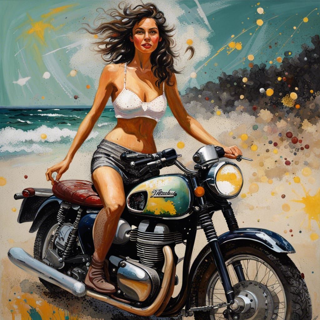 Woman on Triumph Bonneville: Oil Painting Beach Scene