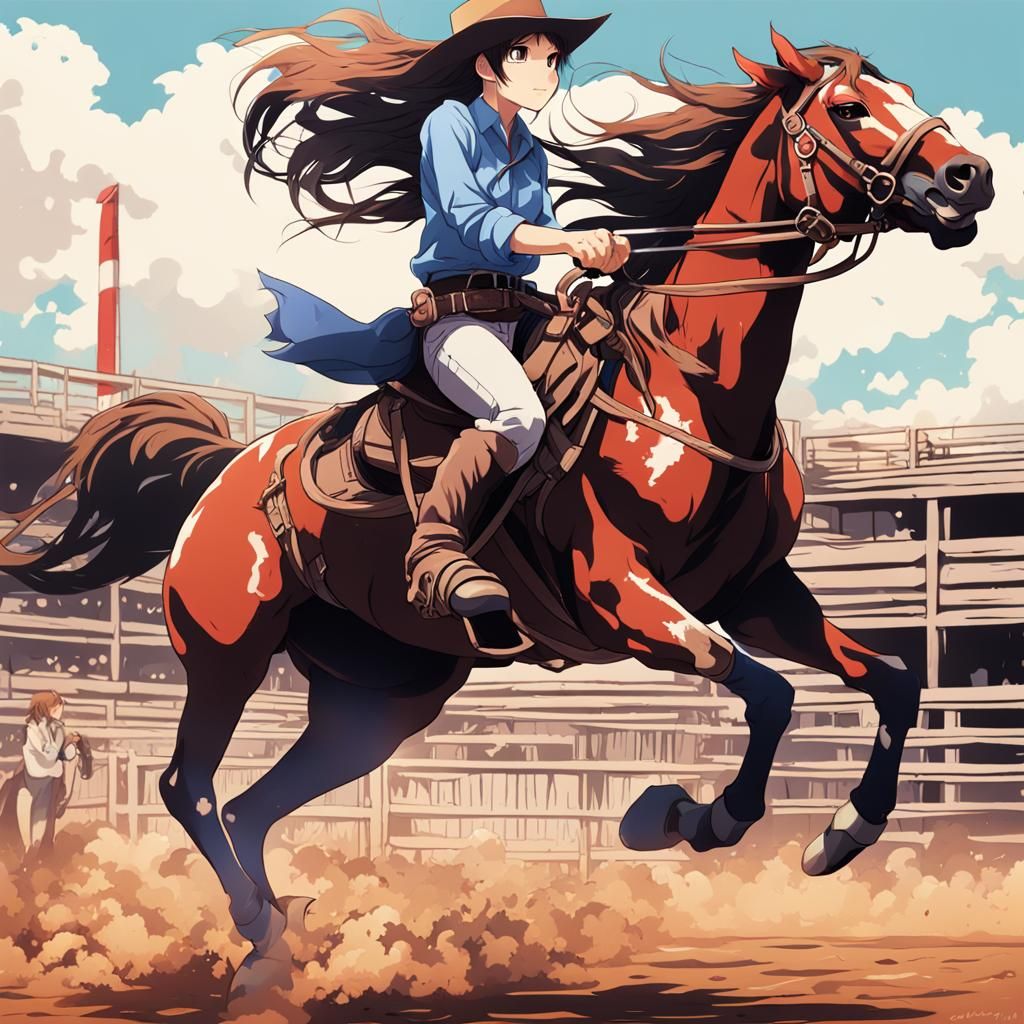 Anime Girl Rides Bucking Horse at Rodeo