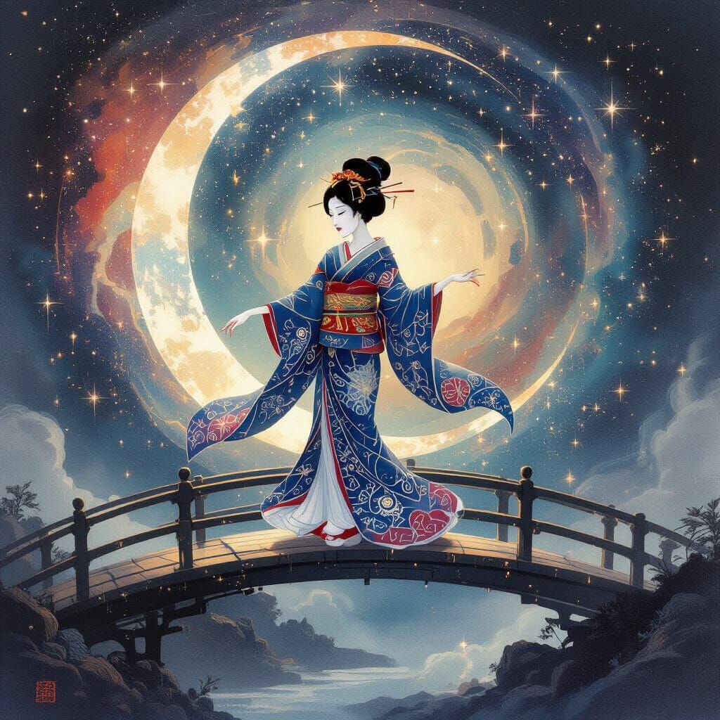 Celestial Geisha Dances on Moonlight Bridge