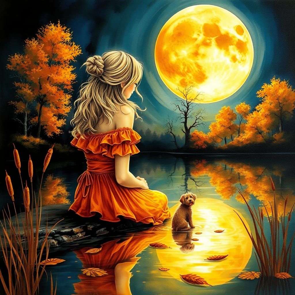 "Stunning woman, blond wavy hair,messy bun, orange dress with ruffles and lace. and his dog sitting at the edge of a pon...