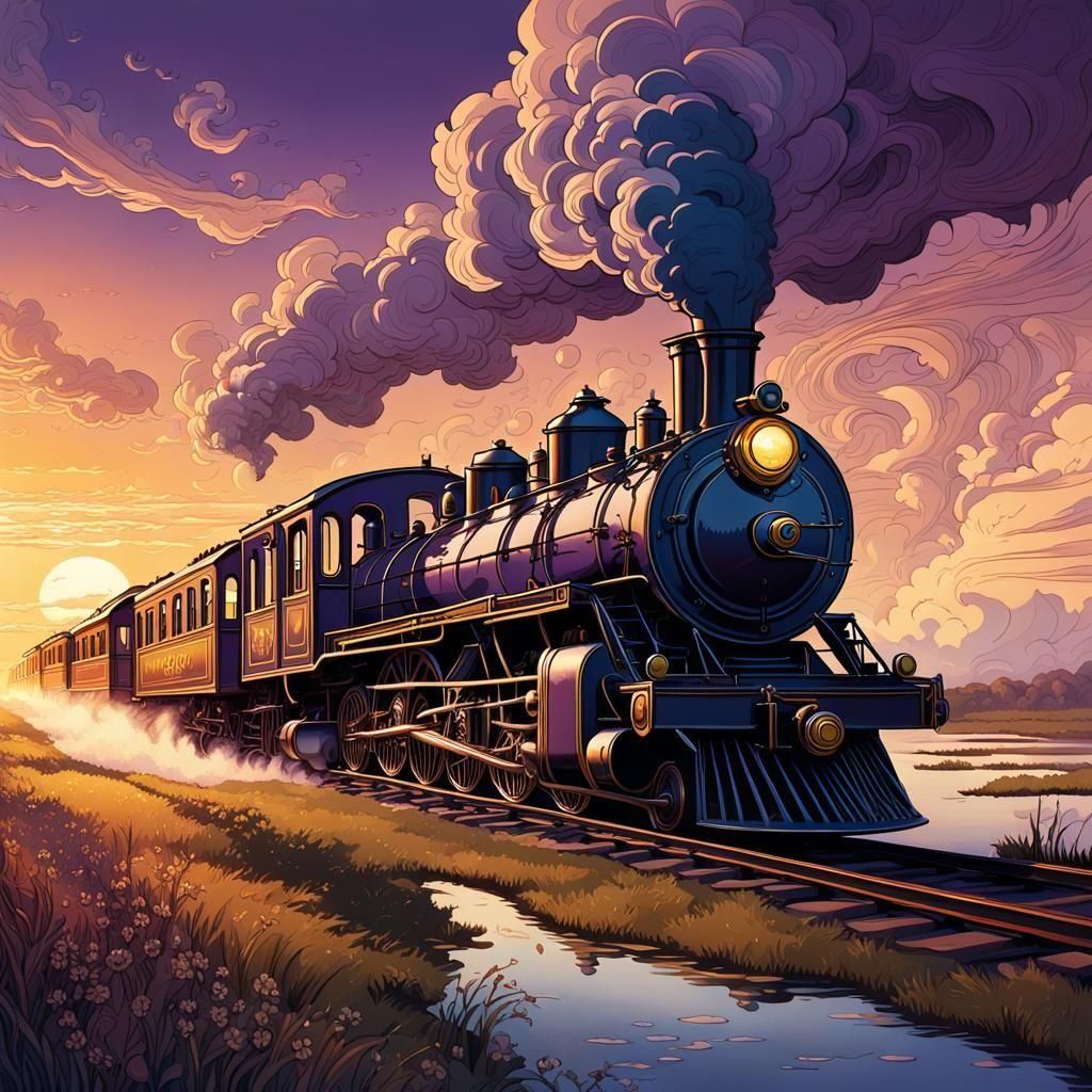 Old Steam Train at Sunset: Dark Fantasy Art