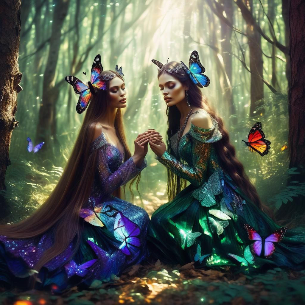 Fantasy Lesbian Romance in Forest with Butterflies