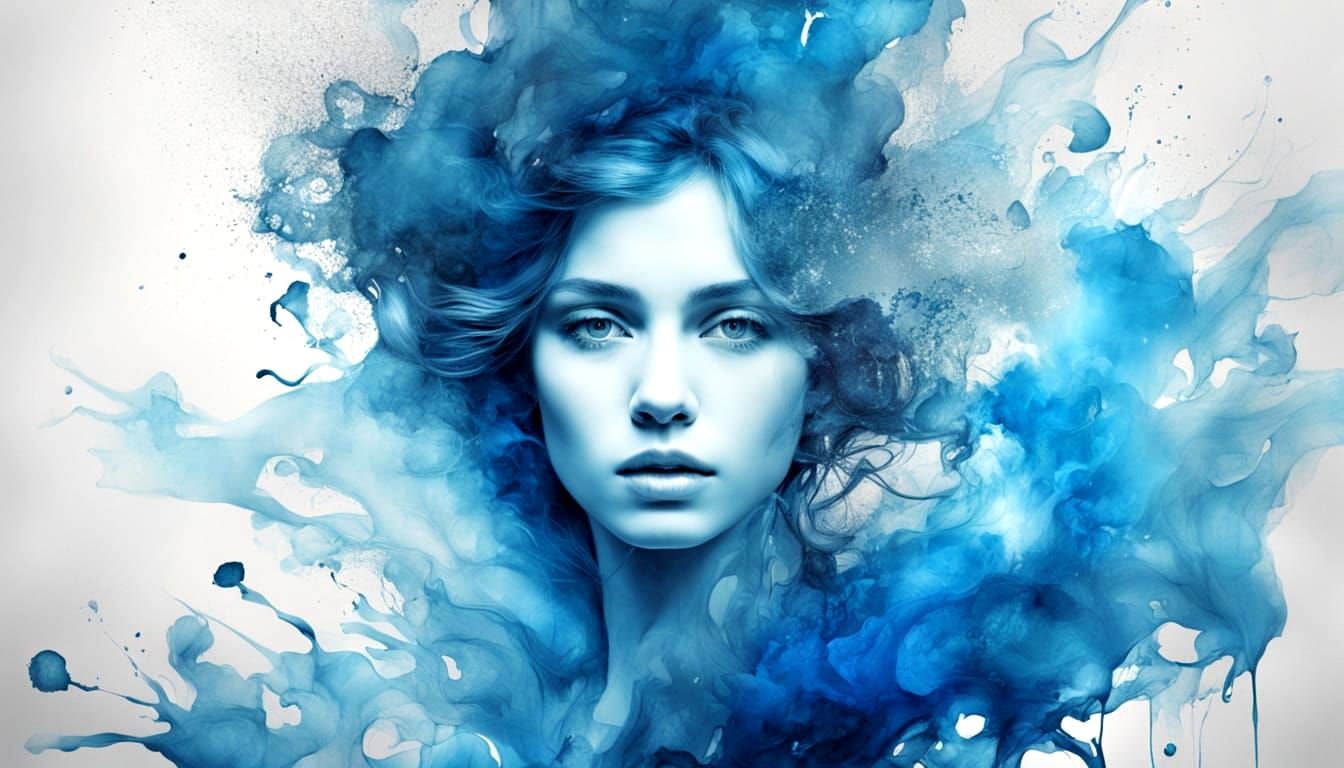Stunning Realistic Woman in Blue & White Alcohol Ink Art