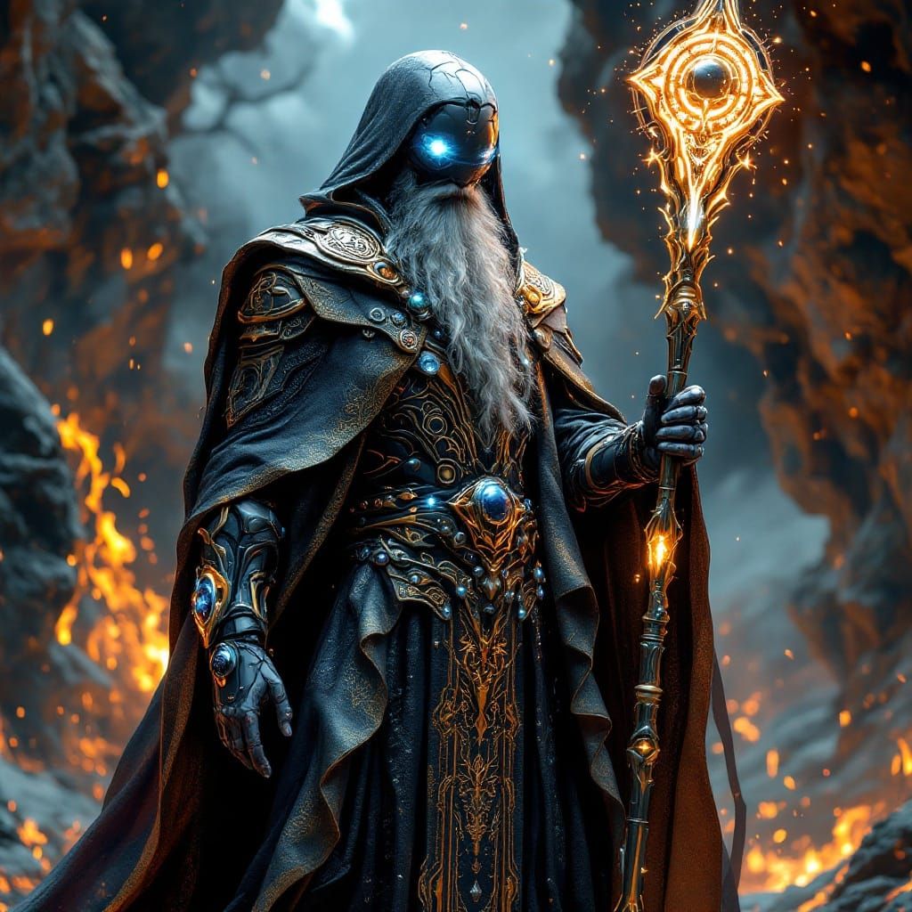 Cybernetic Sage with Bioluminescent Runes in Regal Sci-Fi