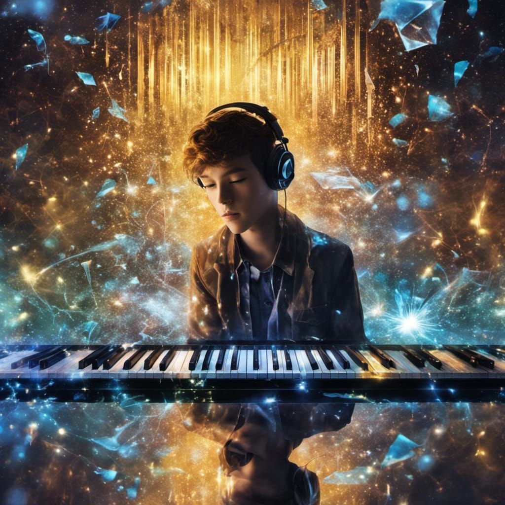 Boy Avatar Reflecting Musical Notes in Digital Art