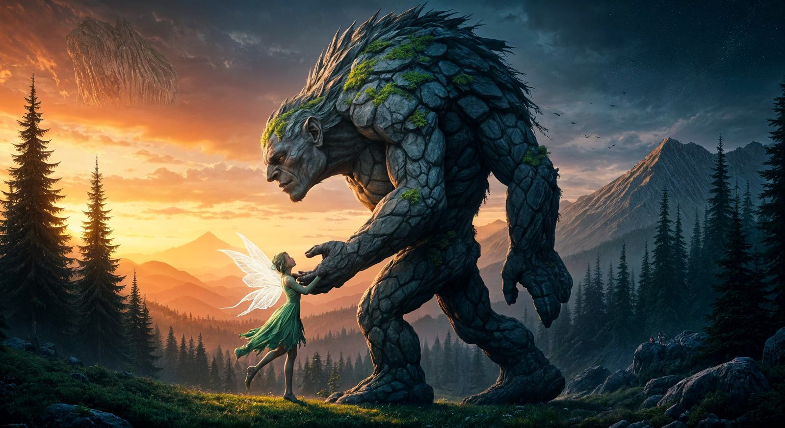 Mountain Troll Holding Fairy: Fantasy Cinematic Art
