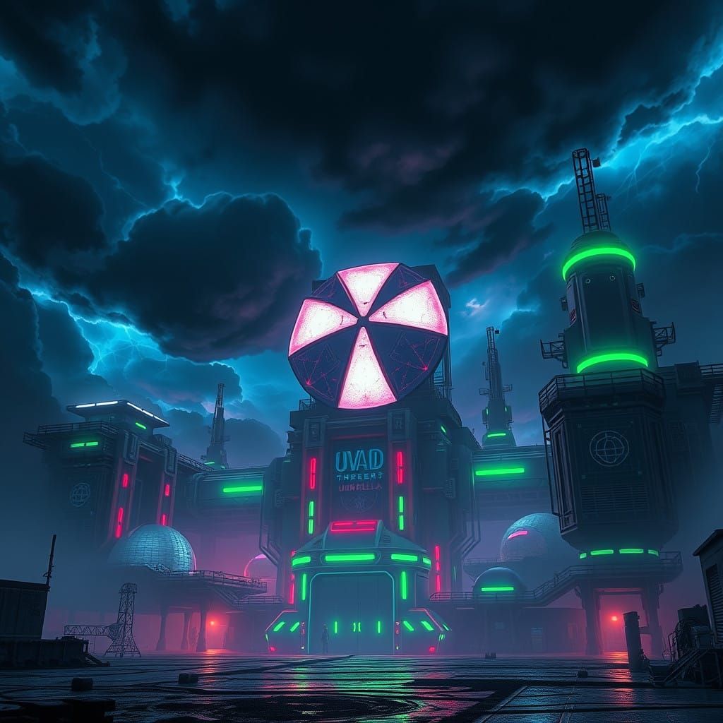 Umbrella Corp High-Tech Facility in Dark Futuristic Landscap...