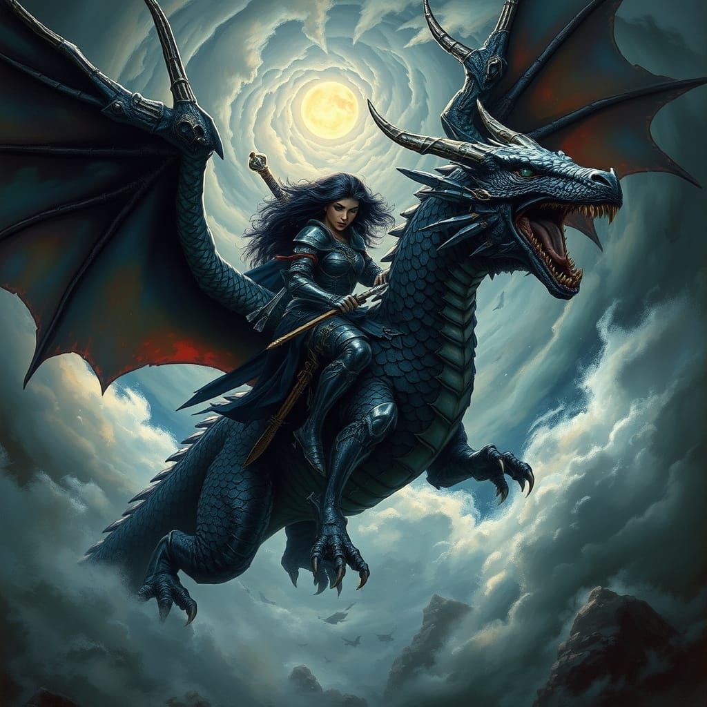 Majestic Dark Fantasy Warrior Rides Dragon in Epic Battle