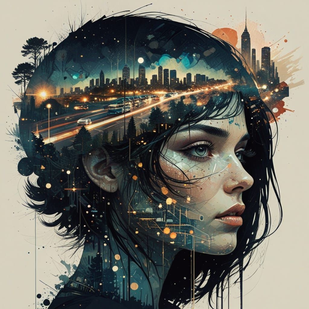 Galaxy Merges with Cityscape in Double Exposure Art