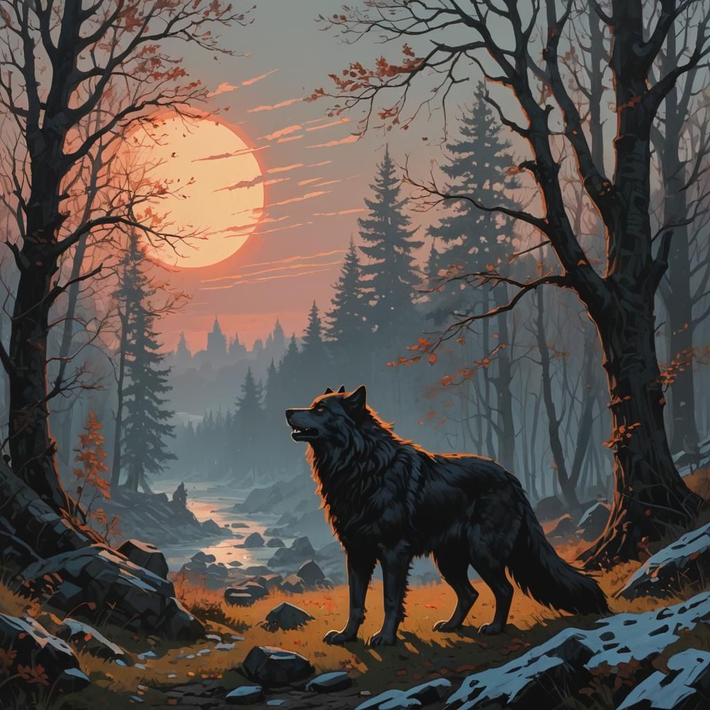 Lycanthrope Festival at Dawn: Gouache Illustration