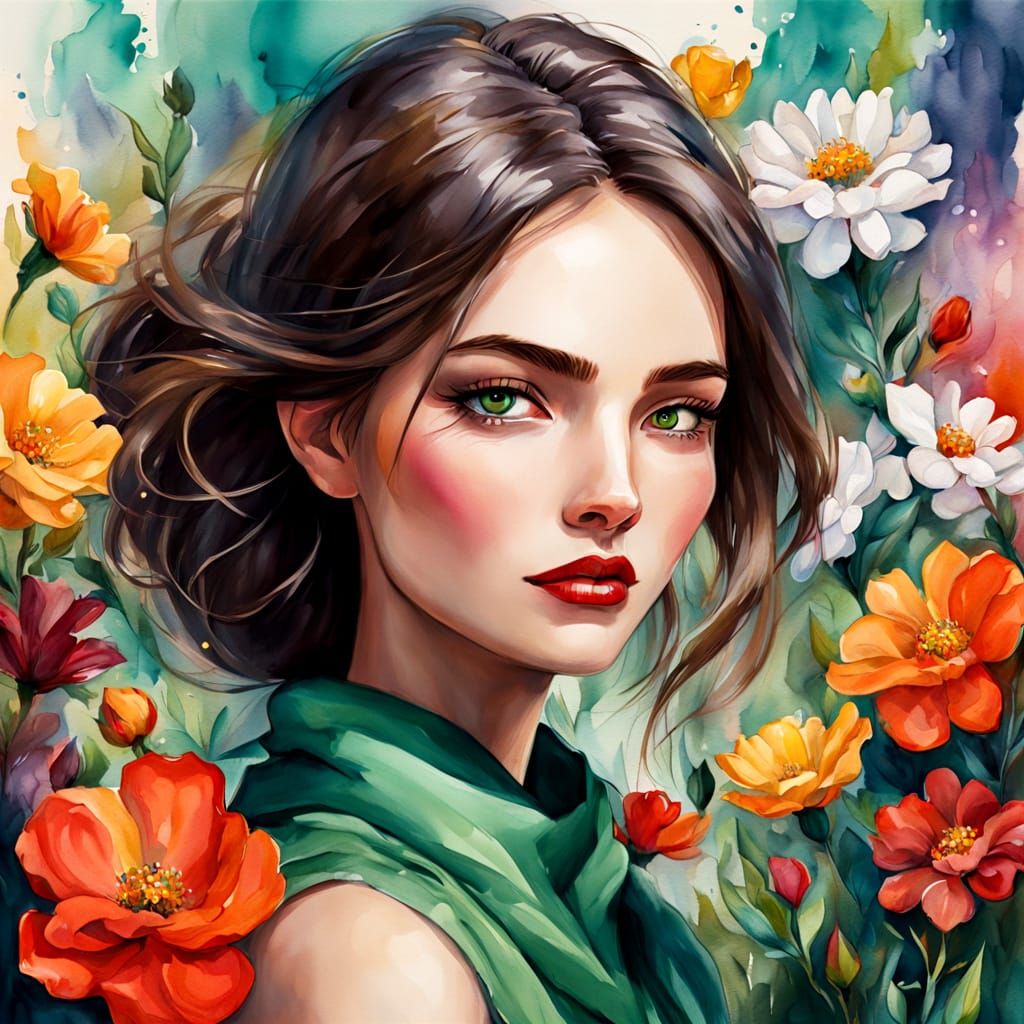 Surreal Young Woman in a Whimsical Floral Wonderland
