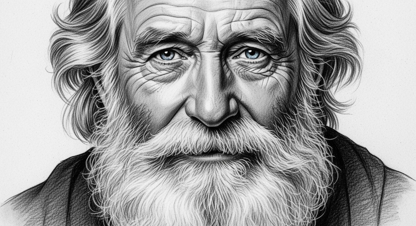 Charcoal Sketch of Kind Old Man with Pale Blue Eyes