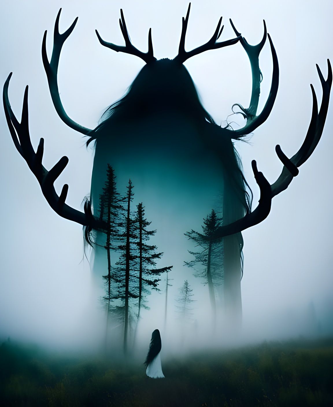 Surreal Antlered Woman in Fog, Digital Oil Painting