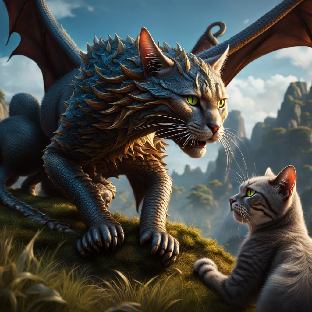 Hyperrealistic Dragon-Tailed Cat: Detailed Matte Painting