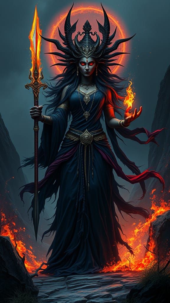 Majestic Goddess Kalaratri in Dark, Velvety Robes with Fiery...