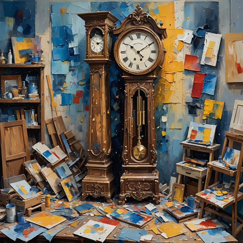 Grandfather Clock in Artist's Studio as Oil Painting