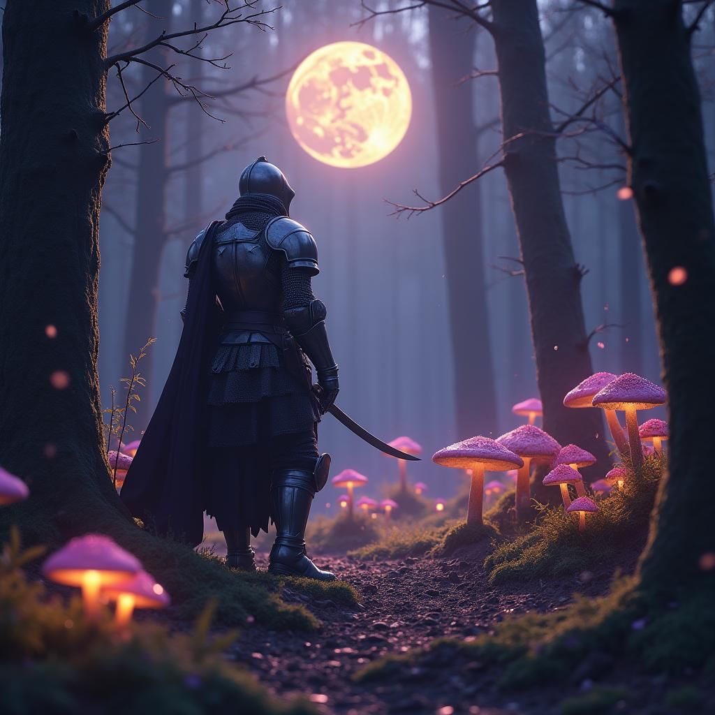 Knight Lost in Mystical Forest, Dark Fantasy Art