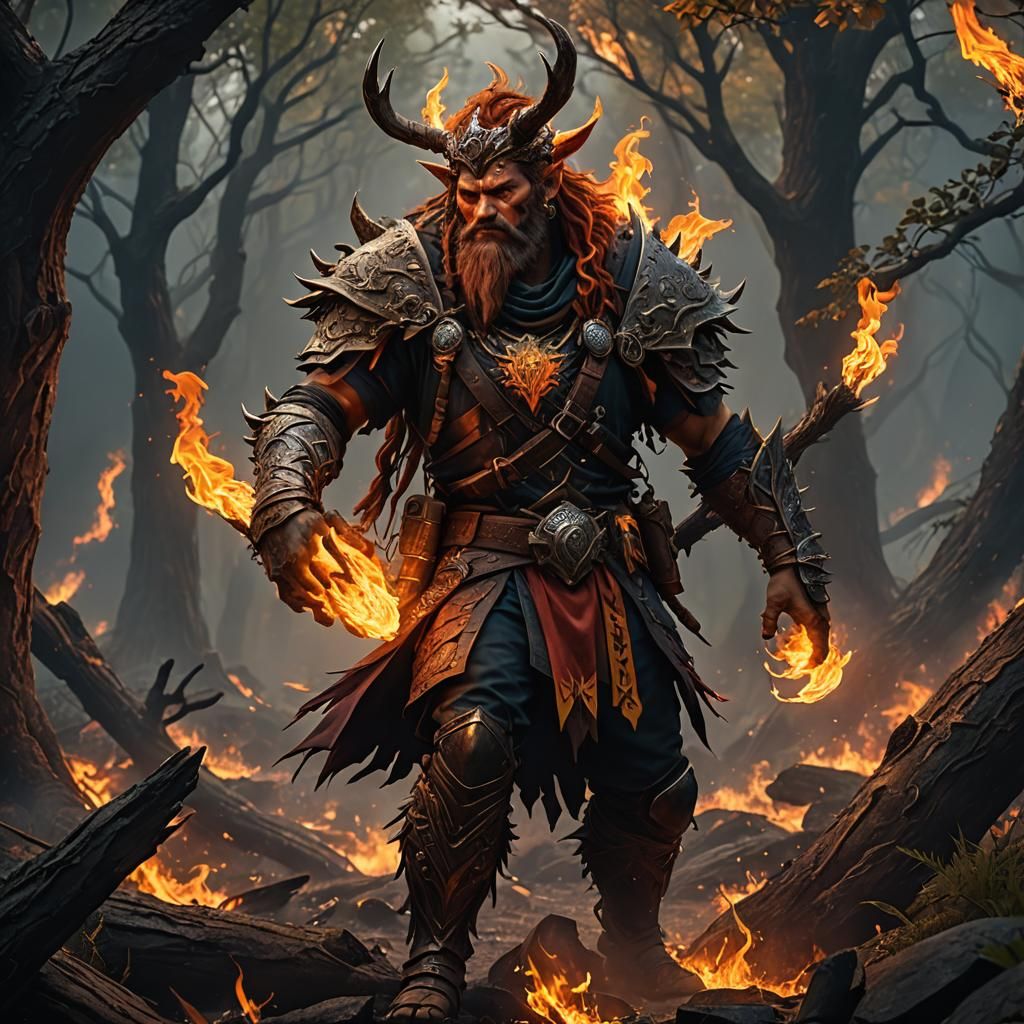 Male Human Wildfire Druid in Detailed Matte Painting