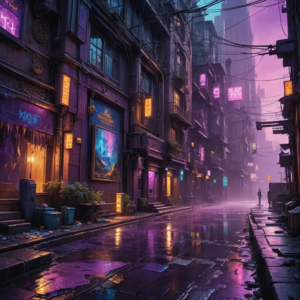 Mystical Wanderer in Neon Cityscape