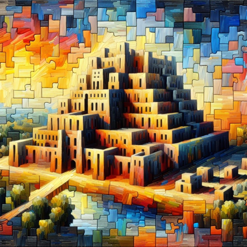 Tower of Babel Puzzle in Neo-Impressionist Style