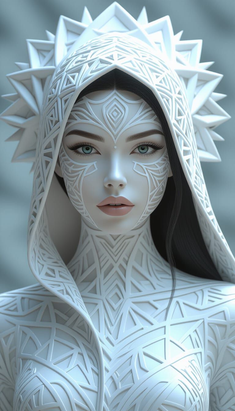 Woman with Geometric Zentangle Skin Patterns, Dynamic Lighti...