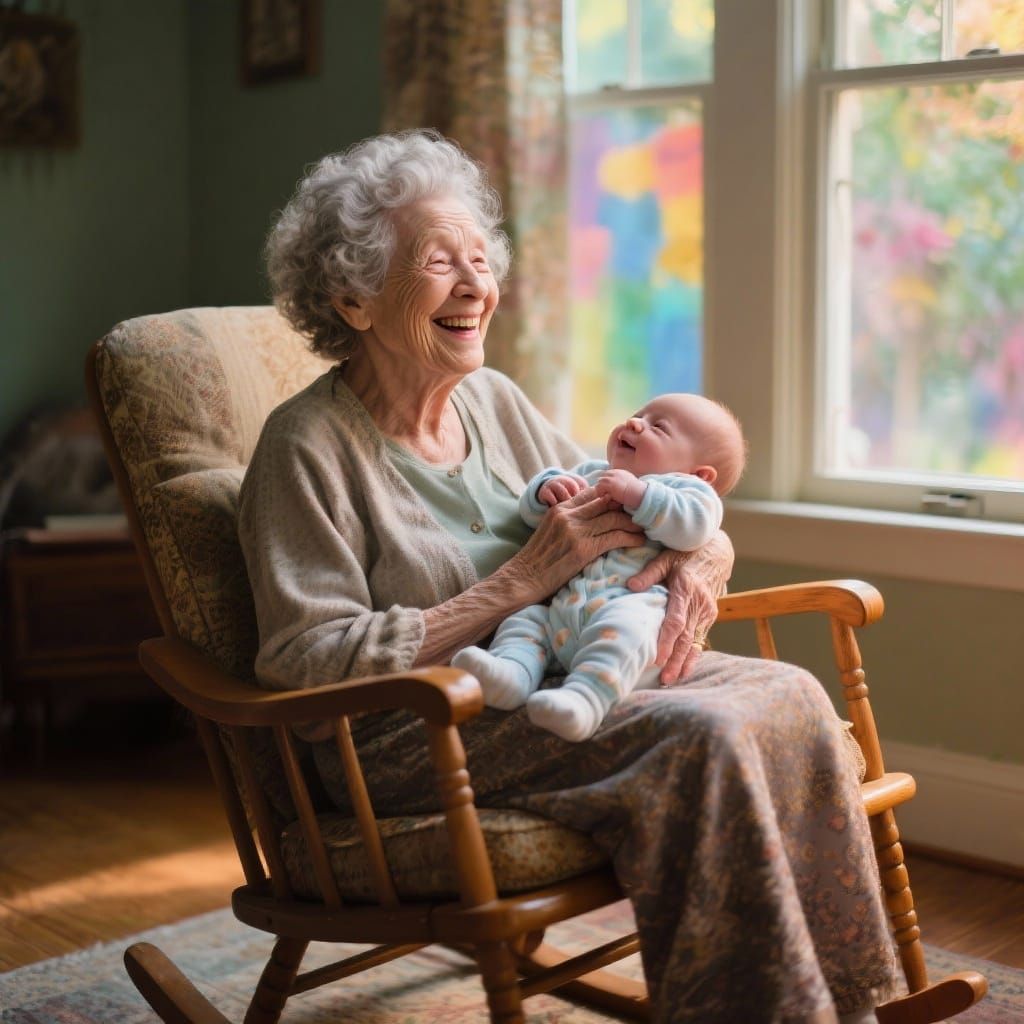 Elderly Woman Holds Newborn in Detailed Hyperrealistic Image