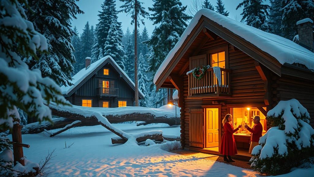 Winter Cabin Scene in Magical Realism Style