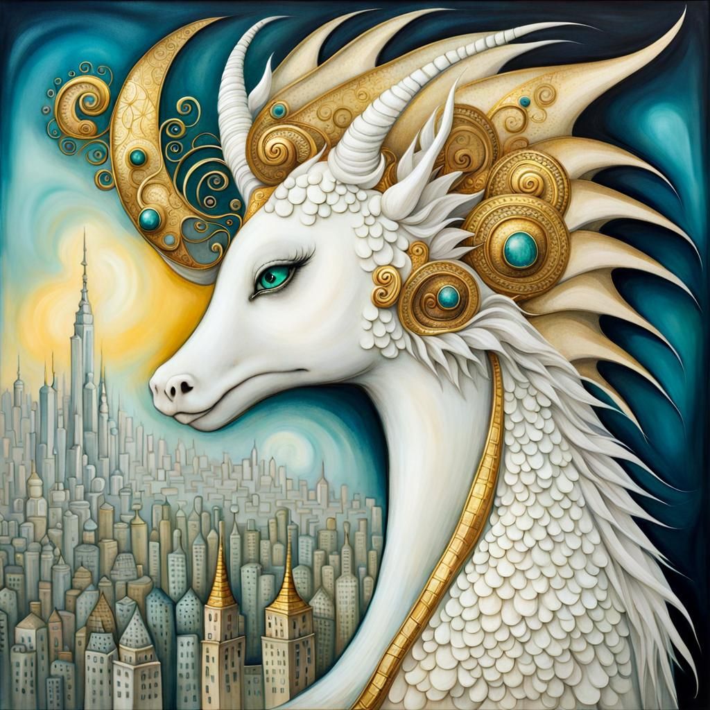 Whimsical White Dragon Head in Surrealist Cityscape