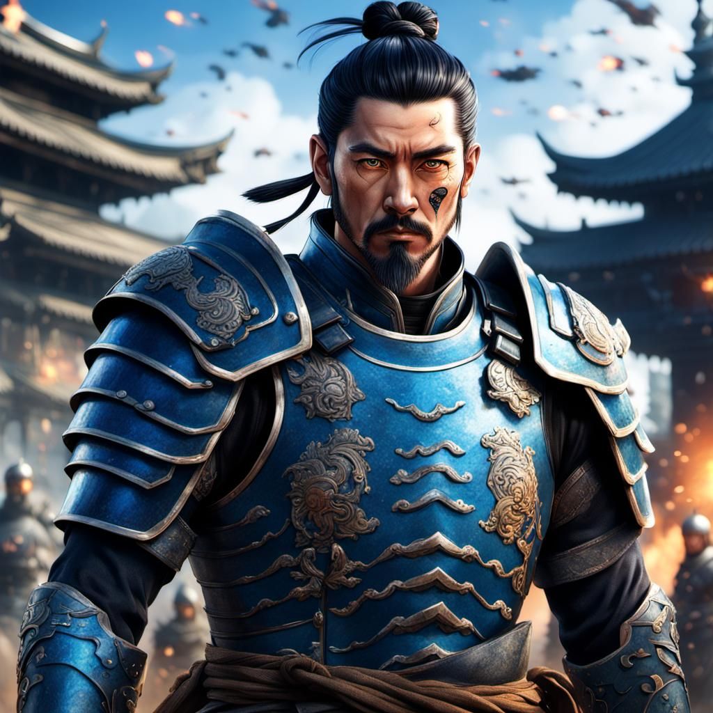 Japanese Warrior in Armor on Battlefield: Hyperrealistic Art