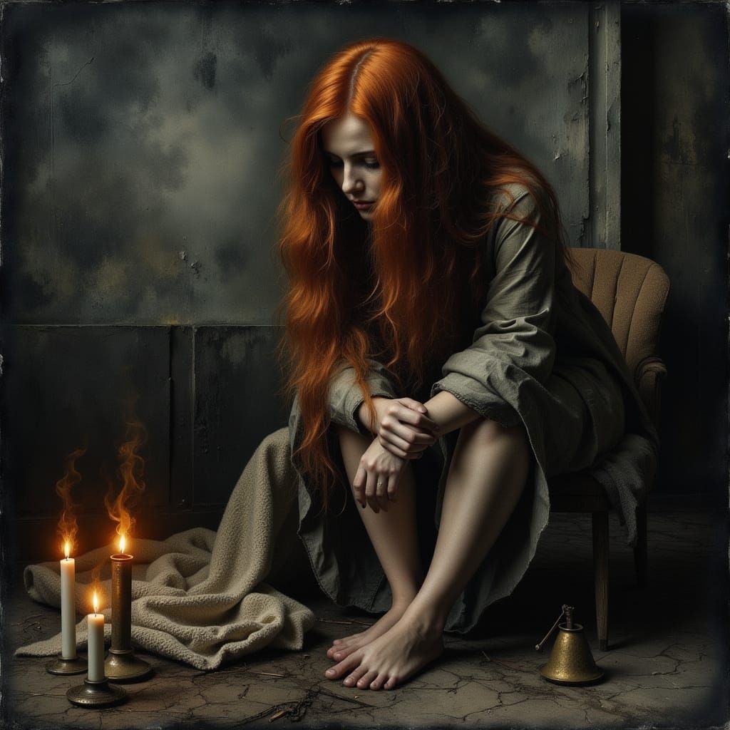 Melancholic Woman in Dim Room, in Abstract Style