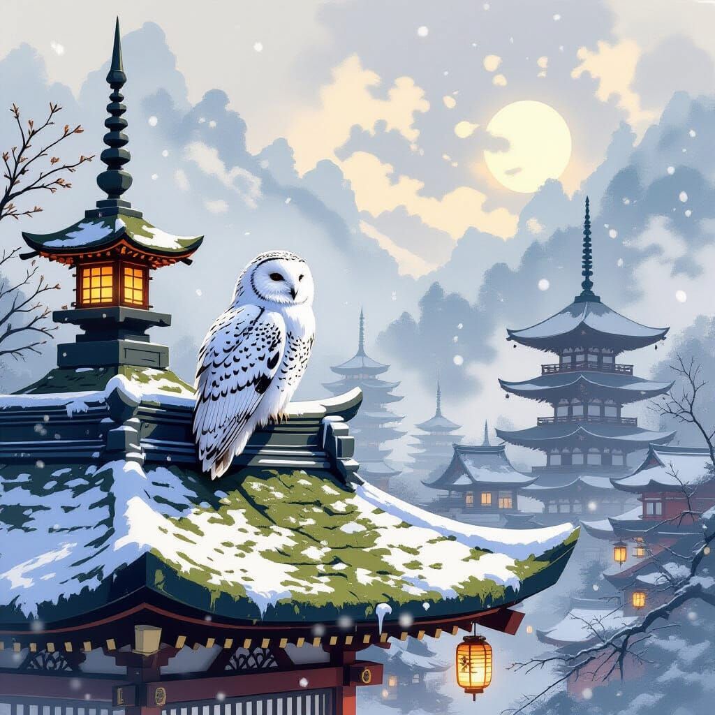 Snowy Owl on Kyoto Temple Roof in Painterly Style