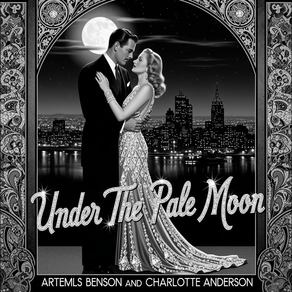 Hollywood Couple Embrace Under Moon in Art Deco Style