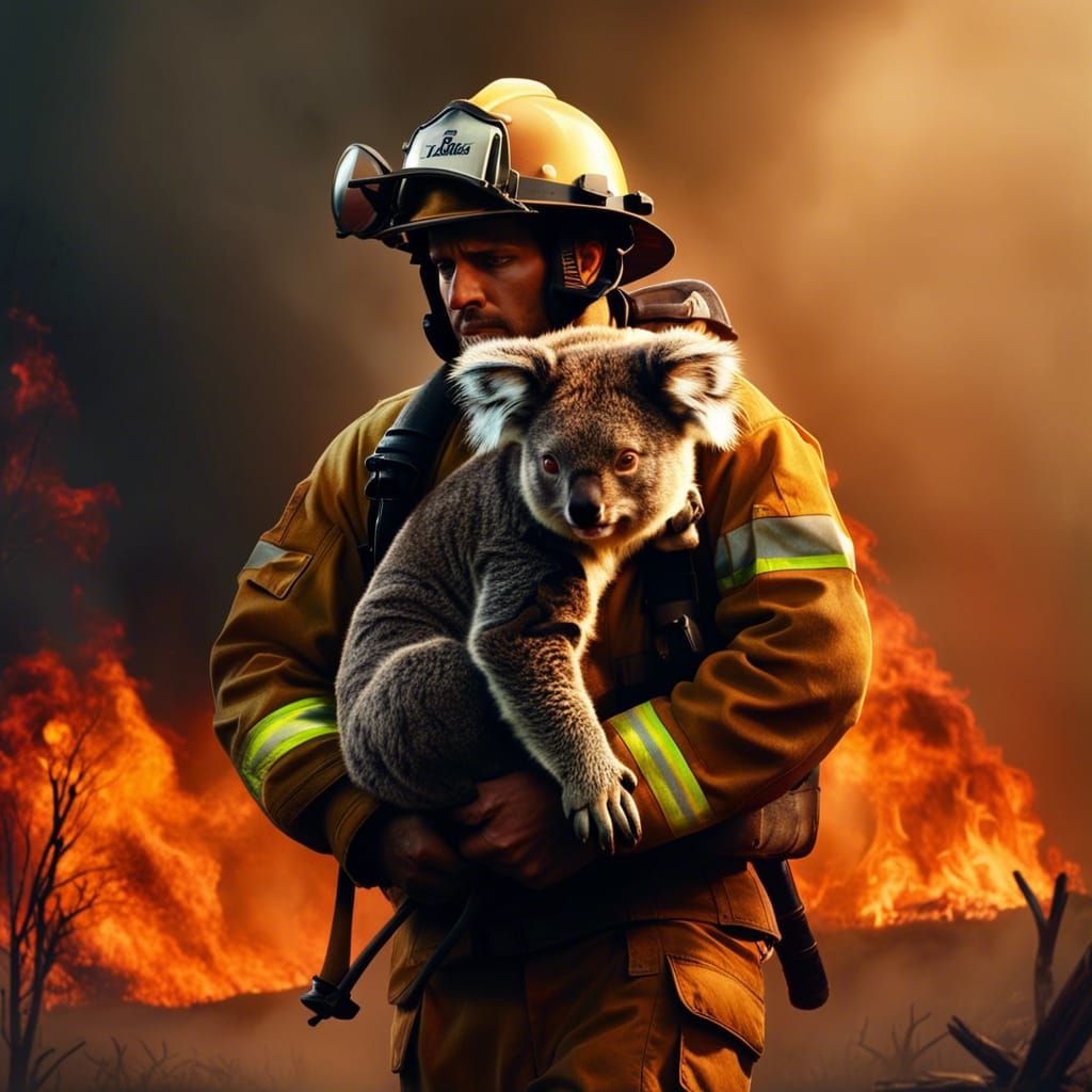 Firefighter saving koala