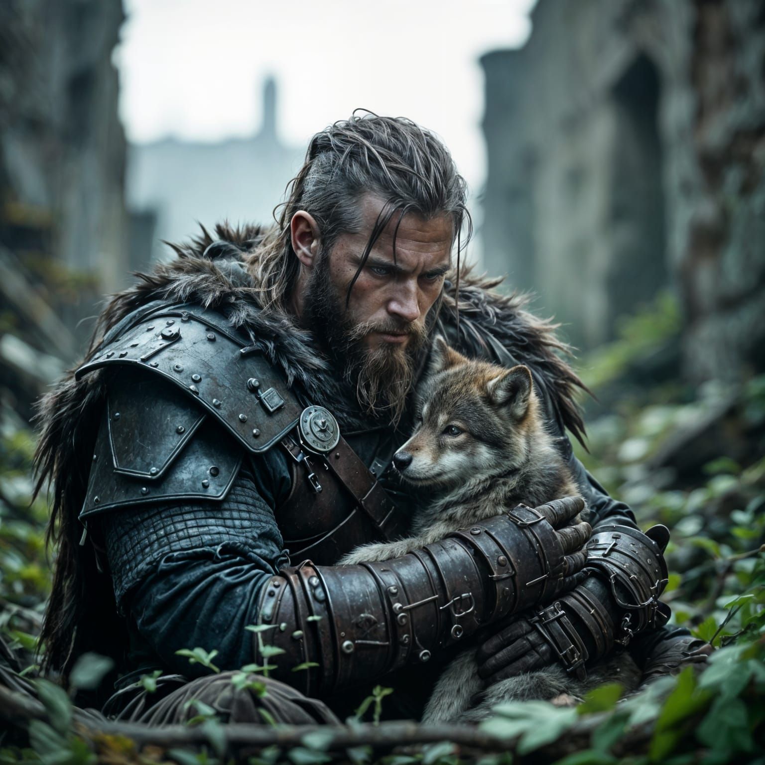 Warrior Protects Wolf Cub in Urban Ruin - Cinematic Lighting