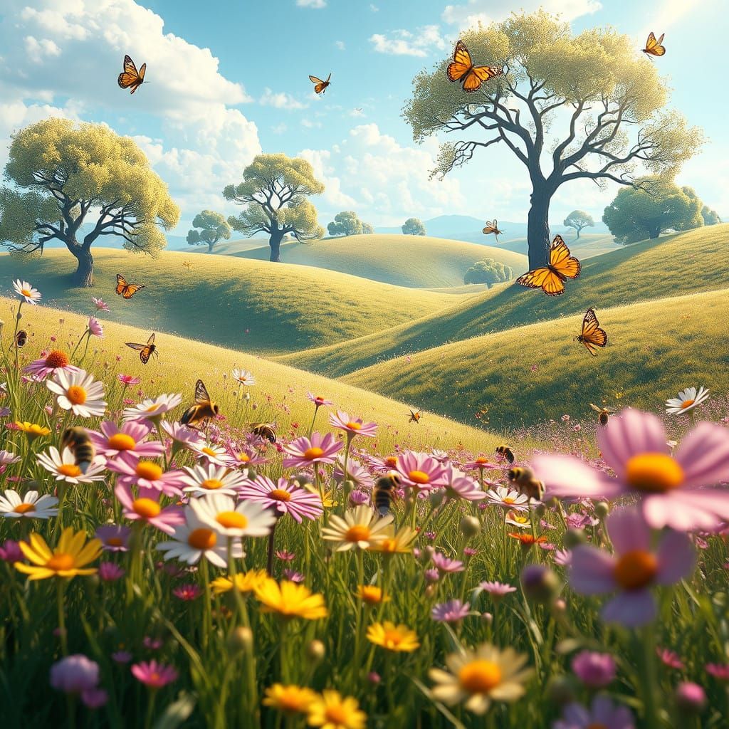 Whimsical Spring Wonderland with Blooming Wildflowers and Wi...