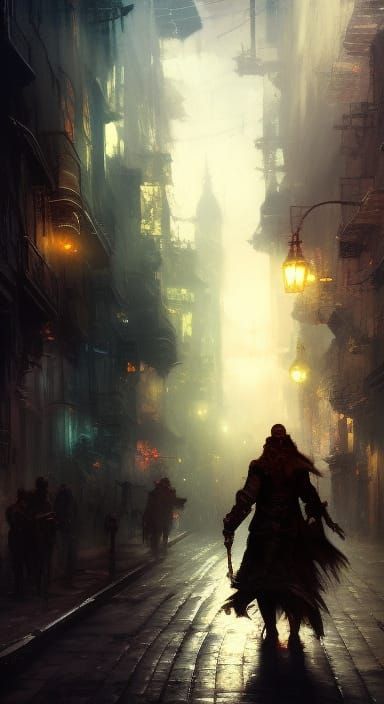 Dark Medieval Alleyway Scene with Dramatic Lighting