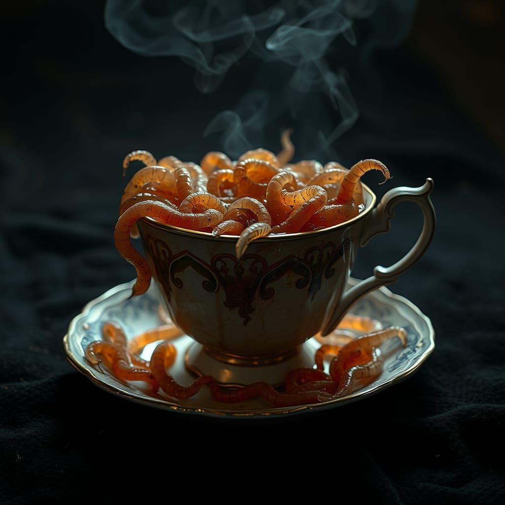 Nightmarish Teacup with Worms: Dark Whimsical Art