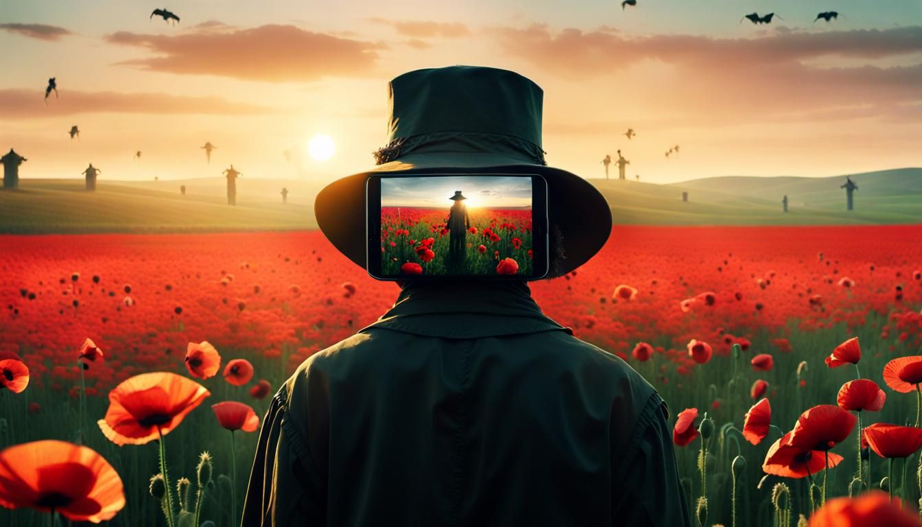 Scarecrow Appears on iPhone in Surreal Poppy Field